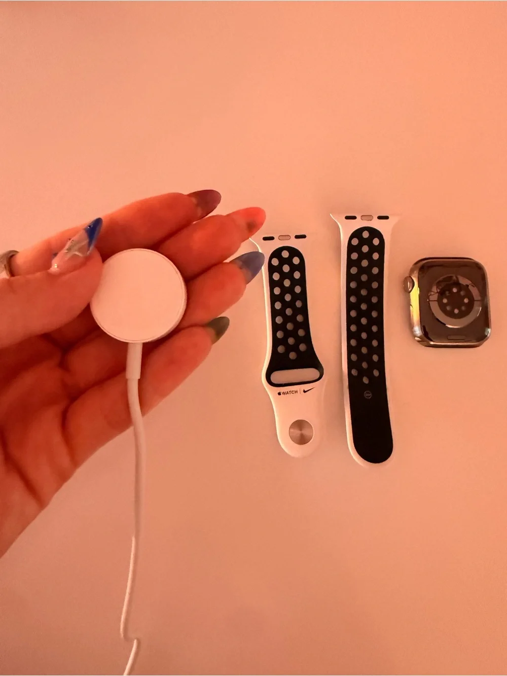 Apple Watch Stainless Case with White and Black Nike Sport Band and Charger